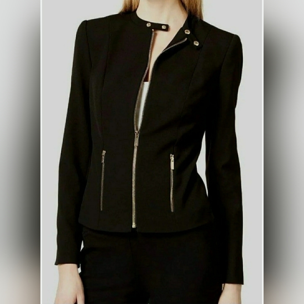 Calvin Klein Black Collarless Zip-Front Blazer Jacket with Gold Hardware Size 10 - Picture 1 of 12